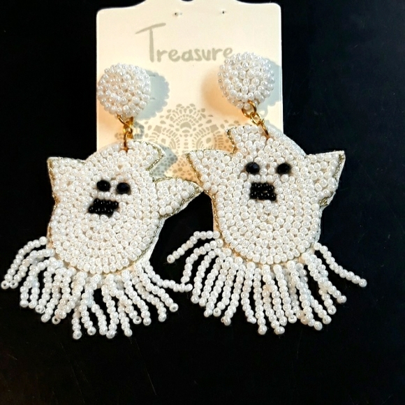 Halloween Ghost Seed Bead Earrings - Picture 3 of 5